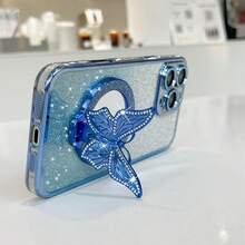 钻石蝴蝶隐藏支架全新电镀边缘防震手机壳 + DIY + 闪光卡纸 + 电镀闪光隐藏支架 - 适用于 16/15 Pro Max、A35/A15、S24/S25 UU、整部手机壳套装 + 兼容 Apple、Moto/Redmi Note 14 防水防摔防刮 - 藍色 - 查看 6