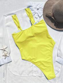 女士时尚金属装饰镂空连体泳衣 - 黃色 - 查看 4