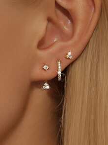 6pcs Fashionable Copper Zirconia Gold Tone Earrings Set, Mixed Design Earrings Studs Hoops Pendants, Versatile Gift For Women, Birthday, Vacation, Party, Daily Wear, New Year, Valentine's Day - Gold - View 6