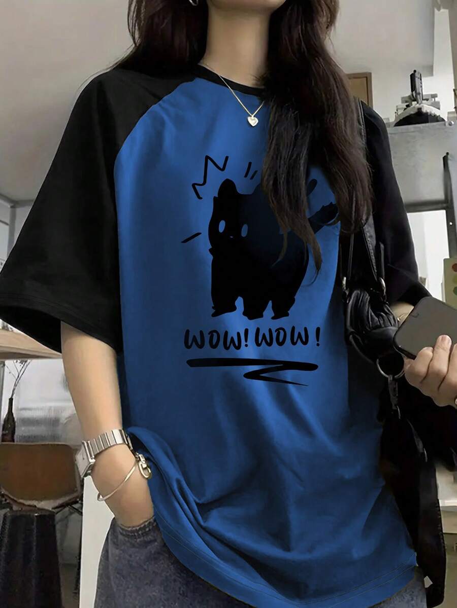 Women's Casual Y2K Style Cute Cat Graphic Contrast Color Raglan Sleeve Round Neck Short Sleeve T-Shirt Summer - Blue - View 1
