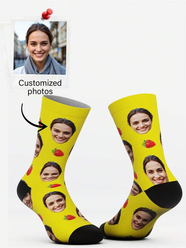 1 Pair Customized Face Pattern Mid-Calf Socks, Gift Socks For Friends, Holiday Socks