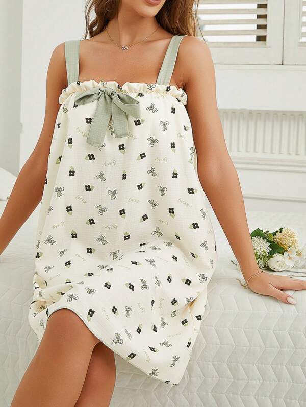Women's Cute Bow Print Camisole Dress, Suitable For Summer/All Season Sleepwear & Homewear, With Bubble Crimping, Chest Pad, Princess Style Long Dress, Nightgown, Robe, Vacation