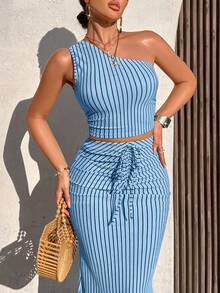 AIJ Amarilo Women's Summer Casual Striped One-Shoulder Ruffle Crop Top And Ruffle Fishtail Skirt 2-Piece Set (Random Print) - Blue - View 6