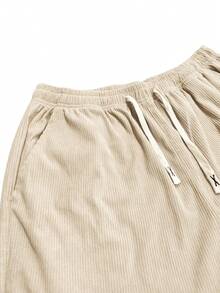 男士灯芯绒休闲裤，腰部有抽绳，后袋，时尚字母标签，适合日常穿着 - 卡其色 - 查看 7