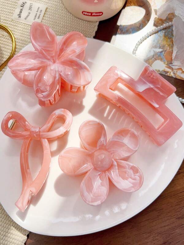 4pcs Boho Butterfly Flower Clip Set, Sweet Mix Of Orange Pink White Marble Texture, Square Clips For Beach Hair Accessories, Spring/Summer Hair Claws Claw Clips Hair Jaw Clip Hair Clamps Hair Clutch Hair Catcher Clip