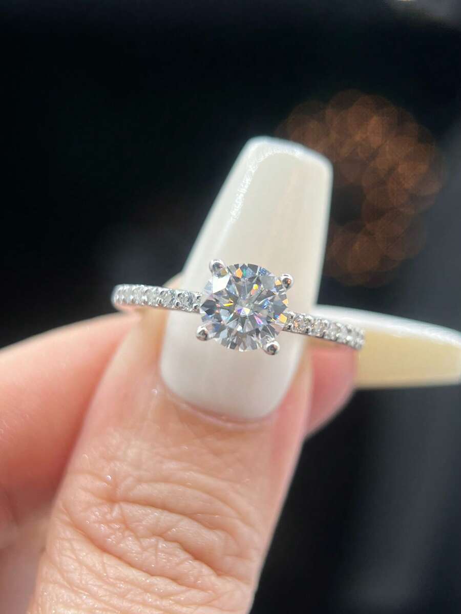 1 件 1 克拉莫桑石方形四爪经典订婚戒指 S925 纯银承诺戒指永恒戒指周年纪念戒指情人节奢华精美珠宝礼物新娘女士 - 銀色 - 查看 1