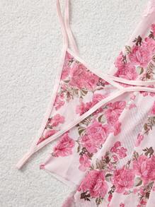 Vestido de encaje y estampado floral con tiras de malla para mujer de talla grande y sexy