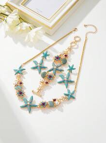1pc Short Beach Style Enamel Starfish, Coral, Rhinestone, Sea Shell & Faux Pearl Necklace, Suitable For Women To Wear At The Beach