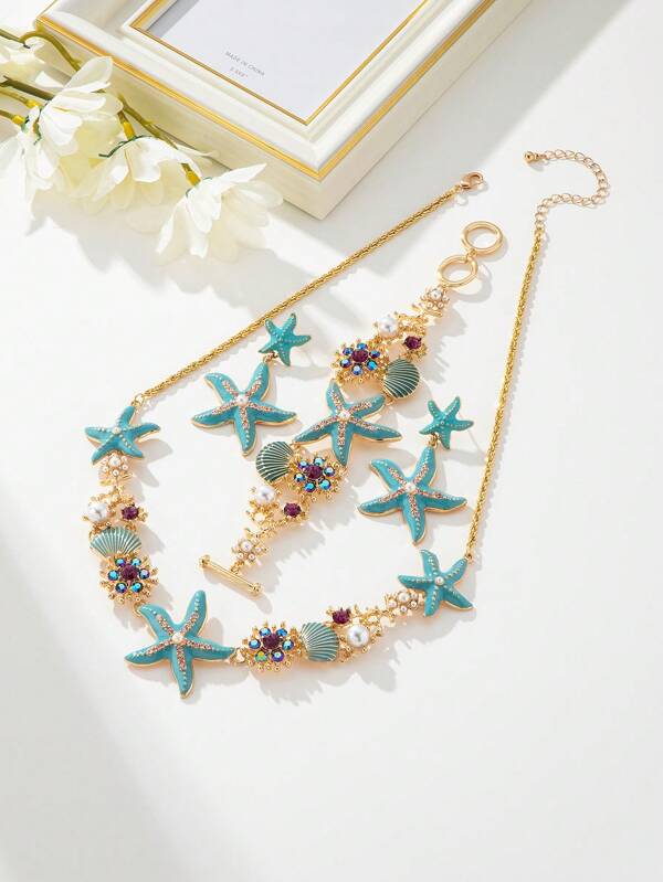 1 Stück kurze Halskette im Strandsil mit Emaille-Seestern, Koralle, Strass, Muschel & Kunstperle, geeignet für Frauen zum Tragen am Strand