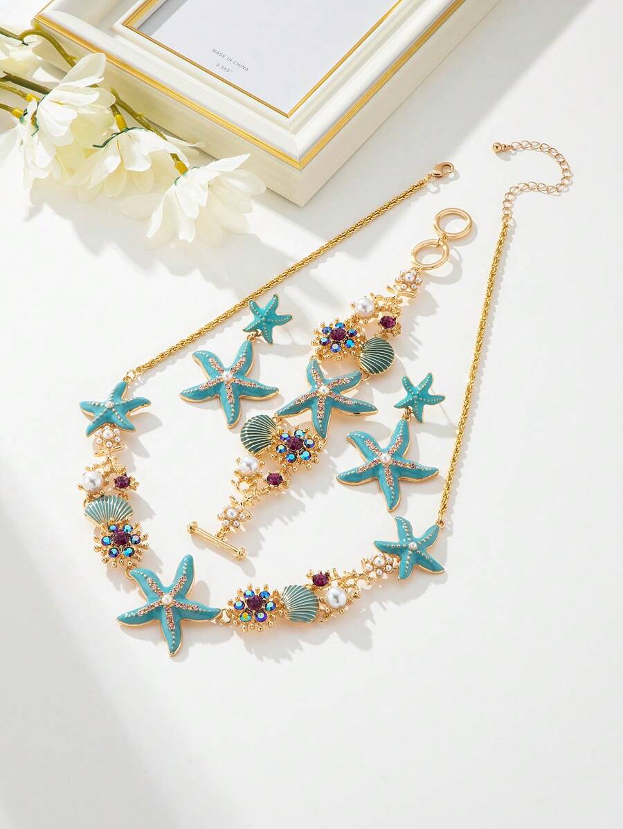 1pc Short Beach Style Enamel Starfish, Coral, Rhinestone, Sea Shell & Faux Pearl Necklace, Suitable For Women To Wear At The Beach