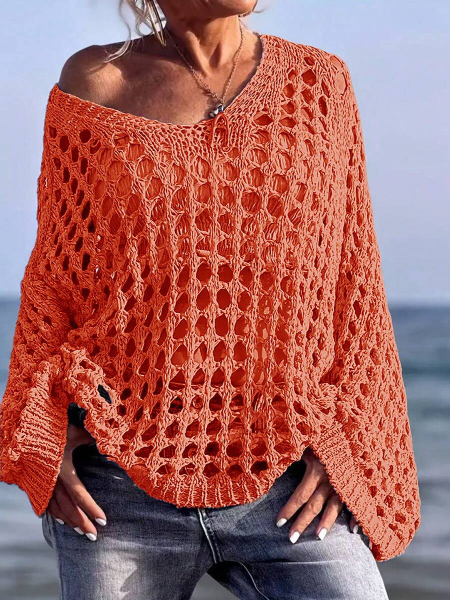 Suéter holgado de verano para mujer con diseño calado - Naranja - Ver 1
