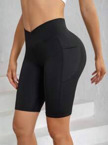 3 piezas Pantalones cortos de yoga de cintura alta con bolsillos, tela transpirable, pantalones cortos deportivos de compresión con efecto levantamiento de glúteos para mujeres - Ropa deportiva de estilo deportivo para gimnasio