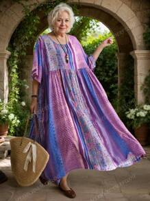 Plus Size Light Dress,2025 Summer Elegant Women's Dress, Plus-Size Women's Dress, Traditional Dress, Purple Striped Print Sleeved Round Neck Swing Dress, Summer Casual Holiday Style Everyday Wear,