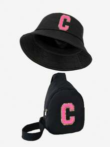 2 Pieces Letter Children's Bucket Hat, Stylish Simple Visor With A Shoulder Crossbody Bag, Suitable For Boys And Girls To Go Out Everyday.