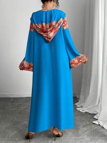 优雅宽松连帽长袖长袍，轻盈透气休闲长袍，度假风格长袍，传统阿拉伯服装，节日长袍 - 寶藍色 - 查看 2