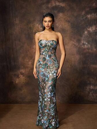 New Design Women Glamorous Sequin Embroidery Strapless Evening Gown, Formal, Party Dress, For Wedding Guest