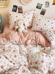 2/3pcs Pink Roses, Valentine's Day, Wedding,Floral Duvet Cover Set, Bedding, Super Soft And Skin-Friendly Duvet Cover, Washed Duvet Cover, Floral Printed Pattern Comforter Set And Pillow Case, Quilt Core Not Included, Fits For Twin Full King Queen All Size Beds, Suitable For All Seasons, Home Decoration, Bedding Gifts, Machine Washable - Pink - View 7