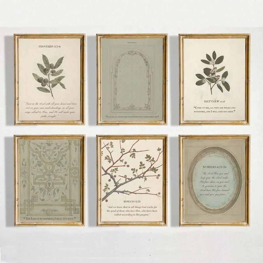 Bộ 6 bức tranh tường nghệ thuật in hình Kinh thánh cổ điển không khung, tranh vải canvas, tranh thực vật, tranh tối giản, tranh mộc mạc, tranh ký túc xá, căn hộ, phòng khách, trang trí nhà hiện đại - Nhiều màu - Xem 1