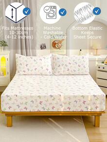 2/3 Piece Soft Fitted Bedsheet Set - Butterfly Pattern Bedsheet Set, Includes 1/2 Pillowcases And 1 Mattress Protector (30cm/12" Deep) - Modern Mattress Cover Or Mattress Pad, Fits All Bed Sizes Including Twin, Full, Queen, King, Single, Double, Also Suitable For School Bedding. - White - View 4