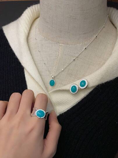高品质简约天然亚马逊石项链、耳环和戒指套装，925 纯银，时尚百搭简约设计，适合日常佩戴，韩式风格