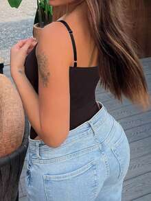 Women Solid Color Casual Minimalist Ruched Bodysuit, Versatile Summer Wear - Coffee Brown - View 5