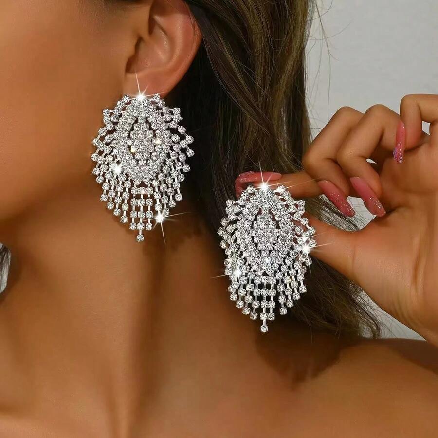 1 Pair Fashionable & Elegant Tassel Earrings, Sparkling Diamond Studded Firework Style Dangle Earrings For Club Party Wear - KC Gold - View 1