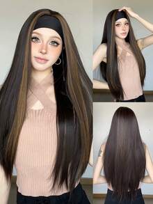 26Inch Long Synthetic Brown Interlaced( Black)Highlight Wig Headband, Heat Resistant Silky Straight Headband Wigs For Women, Christmas Halloween Festival Wig, Daily Party Cosplay - Piano Color - View 4