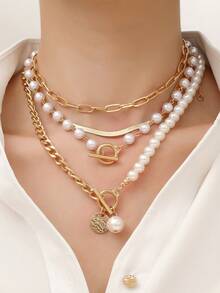 4pcs Geometric Chain Beaded Necklace Set, Layered Design Suitable For Daily & Party Wear - Geometric Chain Beaded Necklace Set - View 1