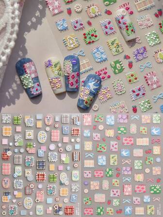 2pcs Cartoon Flower Patch Embossed Nail Art Stickers, Exquisite Summer Flower Patch Nail Art Stickers, Music Festival Makeup Style, Dopamine Print 5D Self-Adhesive Nail Design, Suitable For Acrylic Nails, Women And Girls Manicures, Holiday Gifts, DIY, Y2K