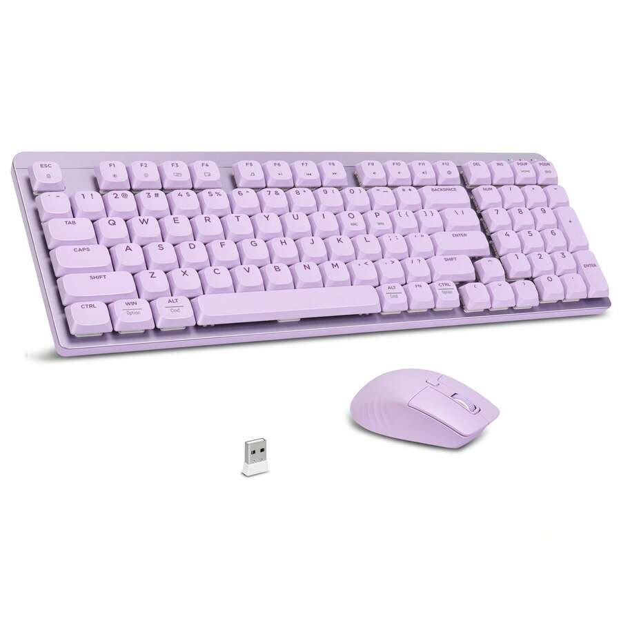 LeadsaiL FA98 Wireless Mechanical Keyboard And Mouse, 2.4Ghz Cordless Mechanical Keyboard And Silent Mouse, Low-Profile Red Switch, 98-Key Compact Slim 96% Keyboard For Windows/MacOS PC Laptop - 紫色 - 查看 1