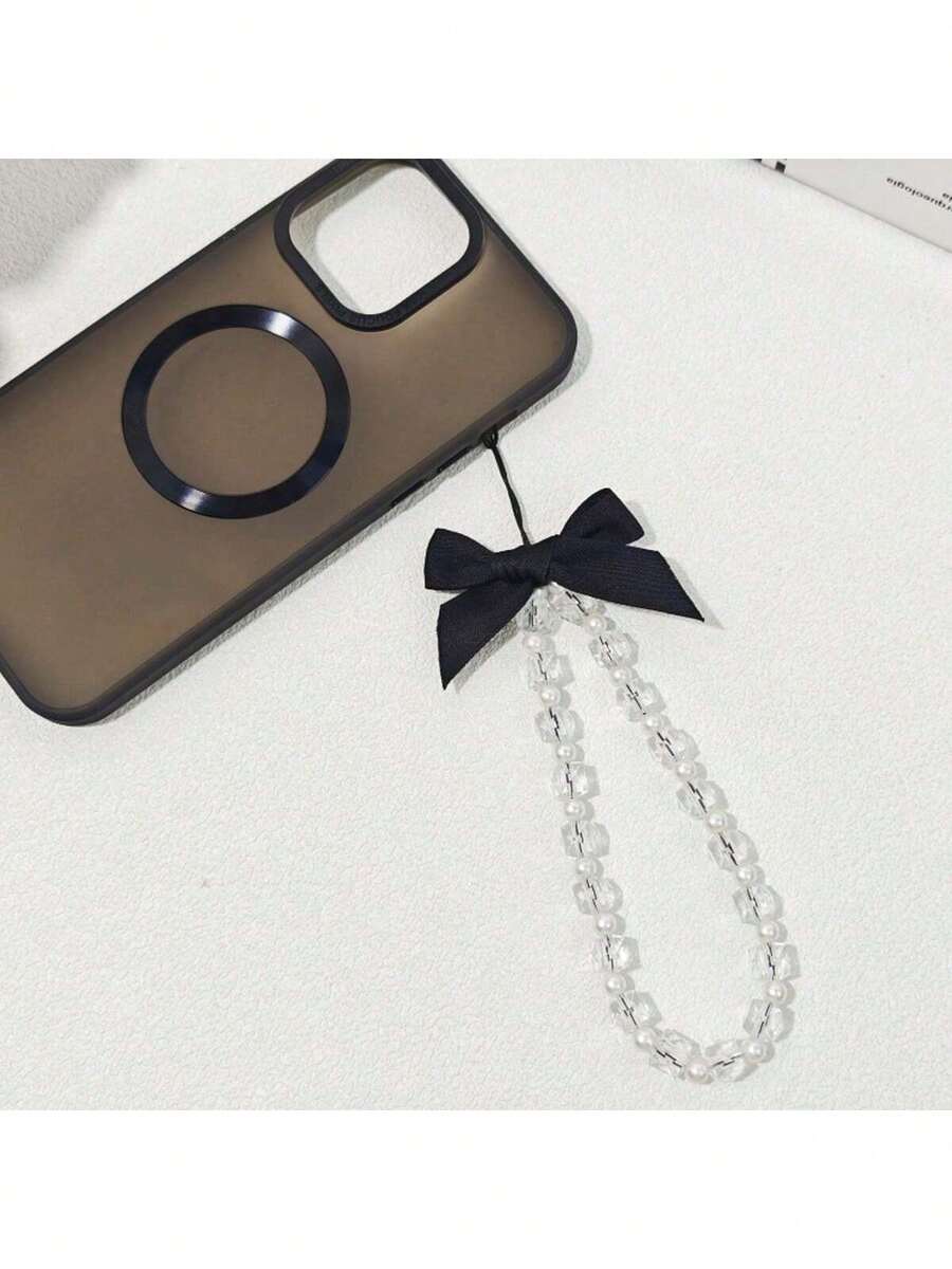 Creative Short Beaded Chain Ccd Hanging With Love Bow Mobile Phone Lanyard Anti-Loss - Black - View 1
