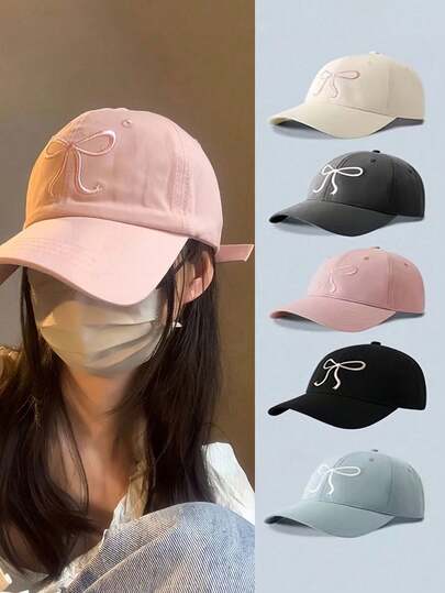 1 件可调节棒球帽，粉色蝴蝶结刺绣 - 甜美可爱风格，四季可折叠涤纶帽，按扣闭合，送给女性的完美礼物，刺绣棒球帽