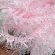 1码长，5厘米宽，带刺绣蕾丝和蝴蝶结饰边的粉色装饰缝纫配件