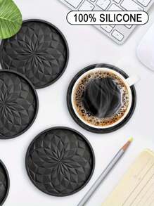 6pcs/Set Thick Solid Color Minimalist Silicone Round Coaster With Holder, Anti-Heat Anti-Slip Mats For Wine Glass, Coffee, Kitchen, Dining Table, Party, Festival, Picnic