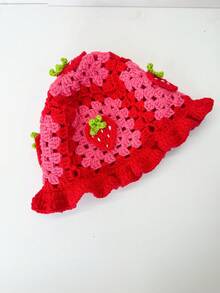 Woman's Handmade Crocheted Strawberry Bucket Hat With Ruffles & Hollow Design, Y2K Style Suitable For Daily, Street, Vacation, Boho Gift - Multicolor - View 5