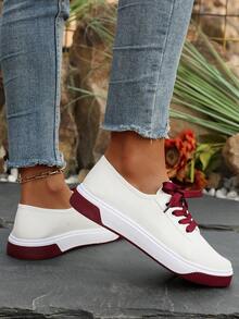 女士时尚滑板鞋，白色豹纹拼接系带低帮厚底运动鞋，休闲百搭户外运动鞋 - 白色 - 查看 6