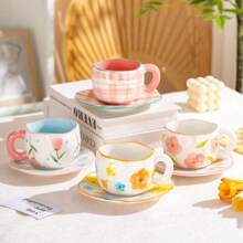 300ML Cute Hand Pinched Irregular Ceramic Mug Flower Heart Pattern Coffee Cup Breakfast Milk Tea Cups Gift For Kids Girls