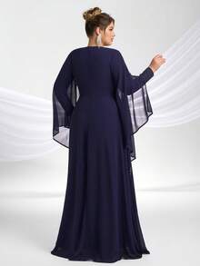 YISIKADO Vestido largo elegante de noche con mangas abullonadas, cuello redondo y patrón retro con rhinestones para mujer de talla grande, vestido largo recatado con mangas largas para fiesta y baile - Azul Marino - Ver 3