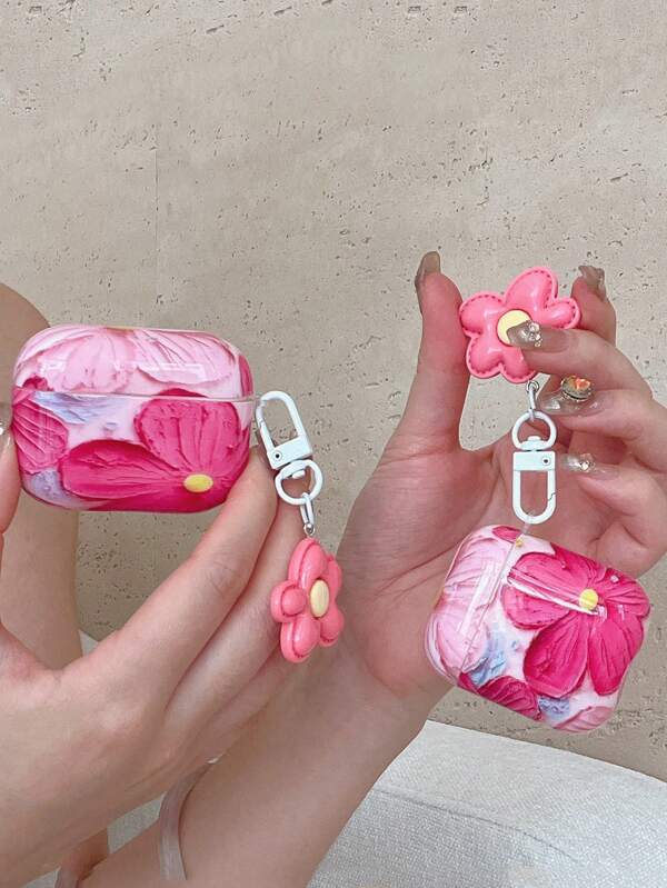 1pc Rose-Pink Oil Painting Floral Design Bluetooth Earphone Case With Pendant, Fit For Apple 1/2/3/4, Pro, Pro2 Universal Bluetooth Earphones Dust-Proof, Shockproof, Scratch-Resistant Protective Case
