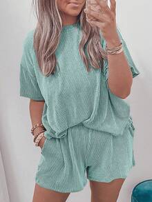 2pcs Plus Size Women Ribbed Knit Loose T-Shirt And Shorts Set - Mint Blue - View 2