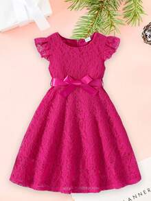 Fashionable Kids Girls Dresses: Exquisite Lace Flying Sleeve Round Neck Casual Dress With Belt - Essential Kids Fashion Summer Dresses For All Occasions - 玫紅色 - 查看 3