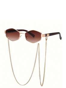 1pc Full Frame Diamond Shape Chain Decorative Fashion Retro Versatile Eyeglasses For Summer Beach Vacation,Outdoor,Travel - Gradient Brown - View 4