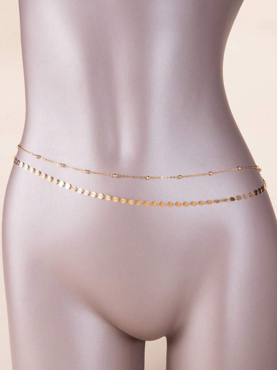 2pcs/Set Women's Golden Vintage Metal Sequin Beaded Waist Chain, Sexy Beach Vacation Style Fashion Bodychain, Party Gift - Gold - View 1