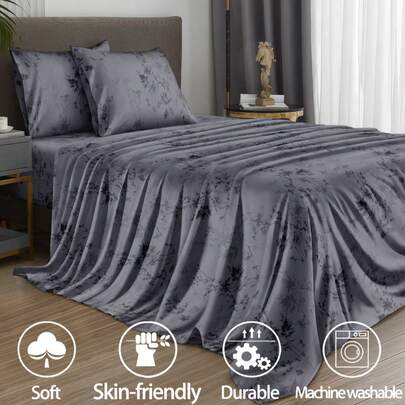 四件套黑色竹纤维花卉图案床上用品套装，包含1条床笠、1条床单和2个枕套（不含枕芯）。豪华床笠套装，尺寸可选：特大号、大号、标准大号、单人床。深口袋设计，适用于厚度达11.8英寸的床垫。柔软透气，抗皱，提升睡眠质量，尽显奢华酒店风范。馈赠父母和朋友的理想之选。