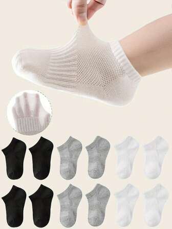 10 Pairs Children Solid Color Socks, Black & White, Polyester & Spandex Blended, Breathable Knitted, Fashionable Ankle Socks For Boys And Girls