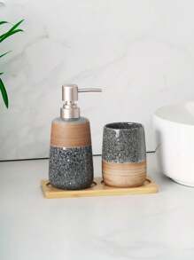 3 PiecesGlazed Ceramic Bathroom Set | Toothbrush Cup, Soap Dispenser & Natural Wood Tray | Hygienic Counter Organizer For Modern Farmhouse (Easy Clean, Gift Ready) Back To School