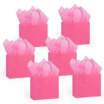 24 Count Mini Tiny Hot Pink Paper Gift Bags With Handles & 24-Sheet Pink Tissue Paper 6x5x2.5 Inches (15.5cmWx12.7cmHx6.5cmD) For Small Party Favors / Small Business Gifts, Cute Mini Pink Gift Bags For Boutiques, Mother's Day, Valentine's Day, Hen Parties, Bridal Showers, Themed Birthday Party Supplies
