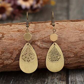 1 Pair Bohemian Vintage Water Drop Carved Pendant Earrings For Women, Fashion Jewelry For Wedding, Party, Gifts