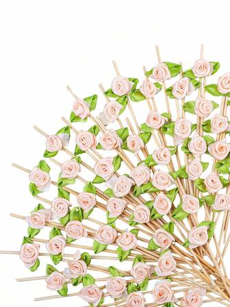 20pcs/Pack Pink Rose Fake Flower Picks, Appetizer Plate Or Dessert Decoration For Birthday Party