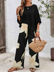 Set de 2 piezas para mujer: top casual de verano con borde asimétrico y pantalones con estampado floral